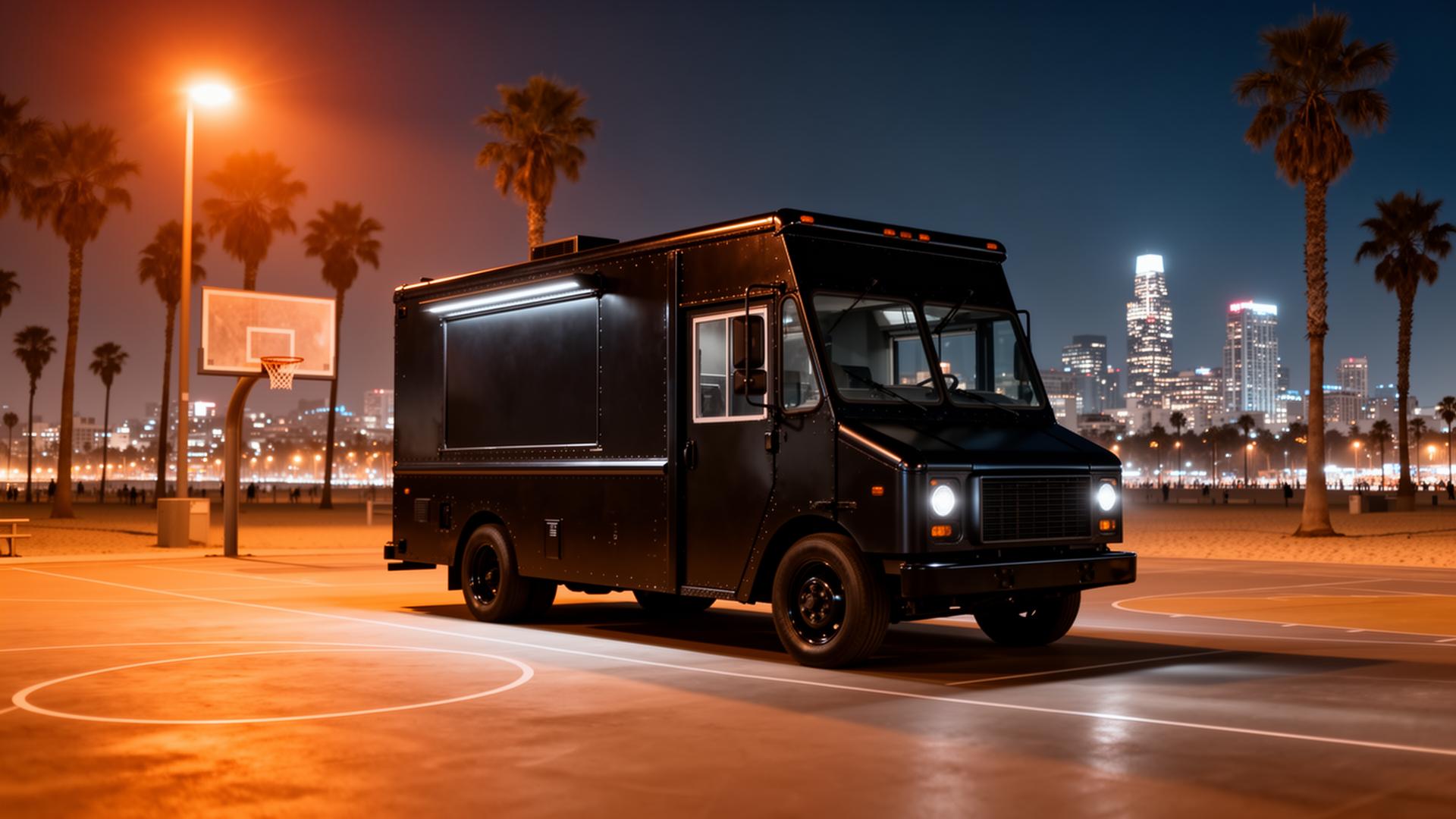 Matte black food truck parked at a Venice Beach basketball court at night with downtown LA skyline