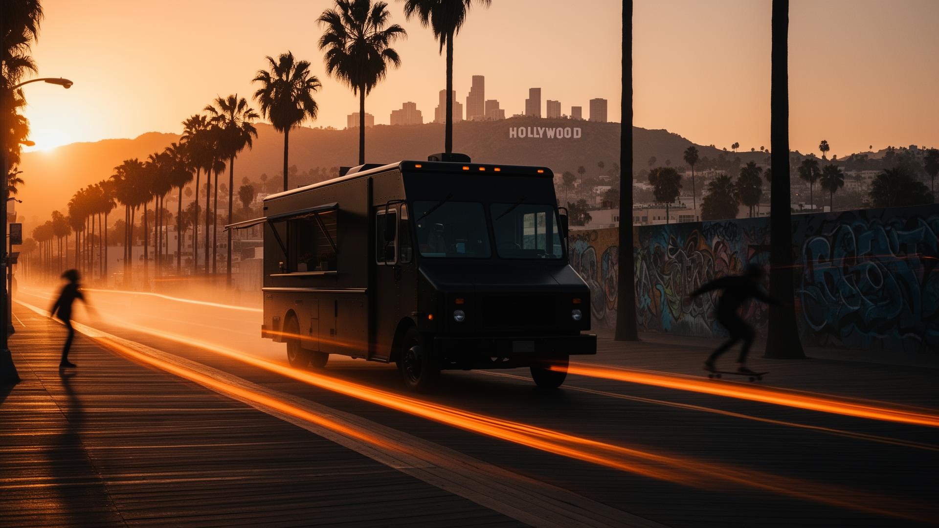 Black food truck rolling through Venice Beach at golden hour with Hollywood sign and palm trees
