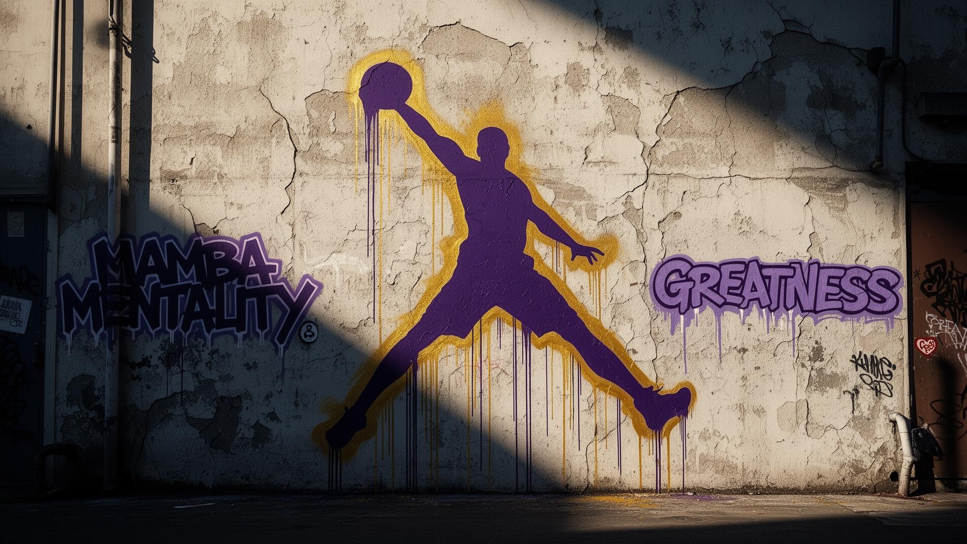 Street mural with purple silhouette and graffiti tags reading Mamba Mentality and Greatness