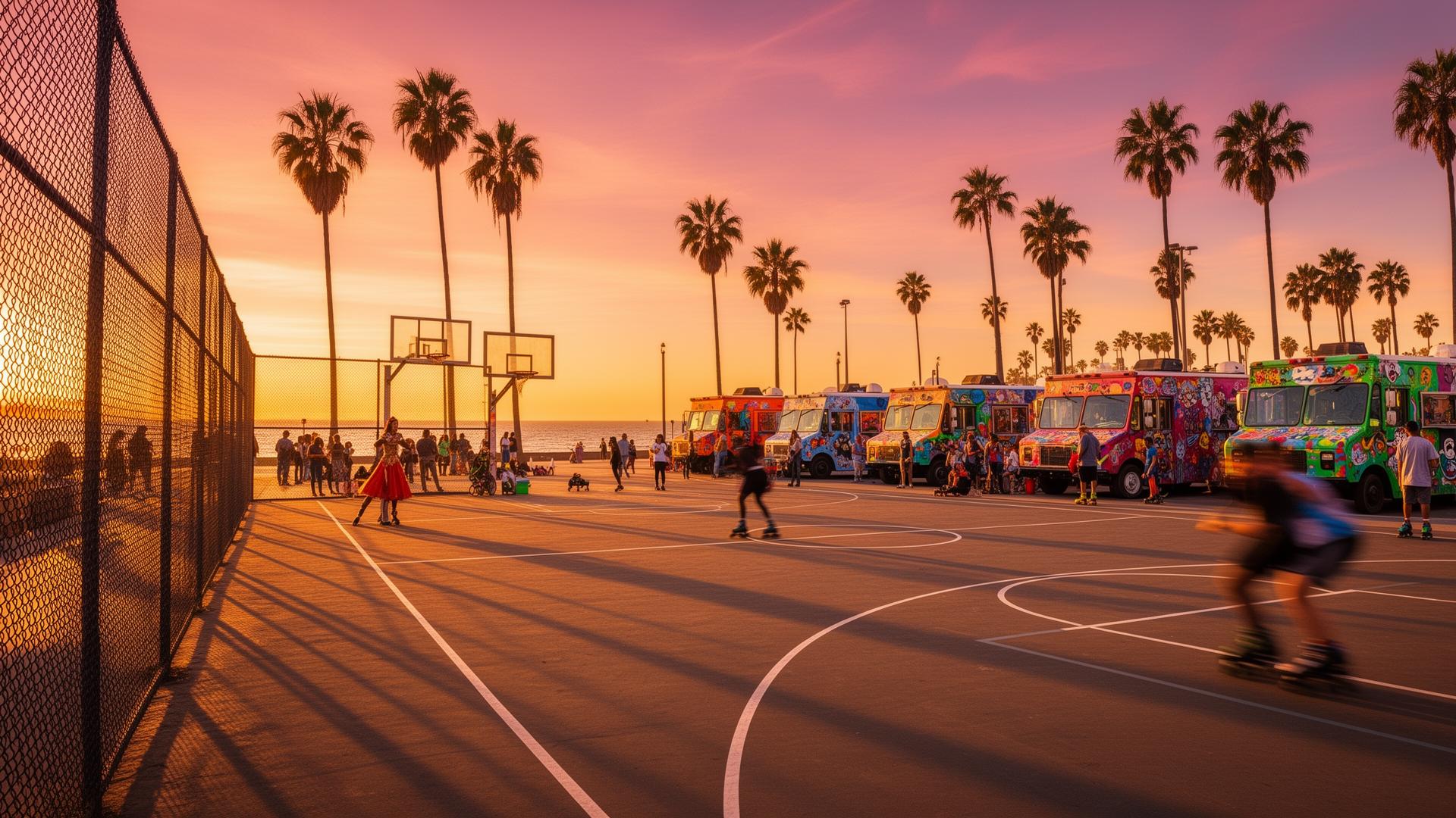 Venice Beach basketball court at sunset with food trucks lined up and roller skaters